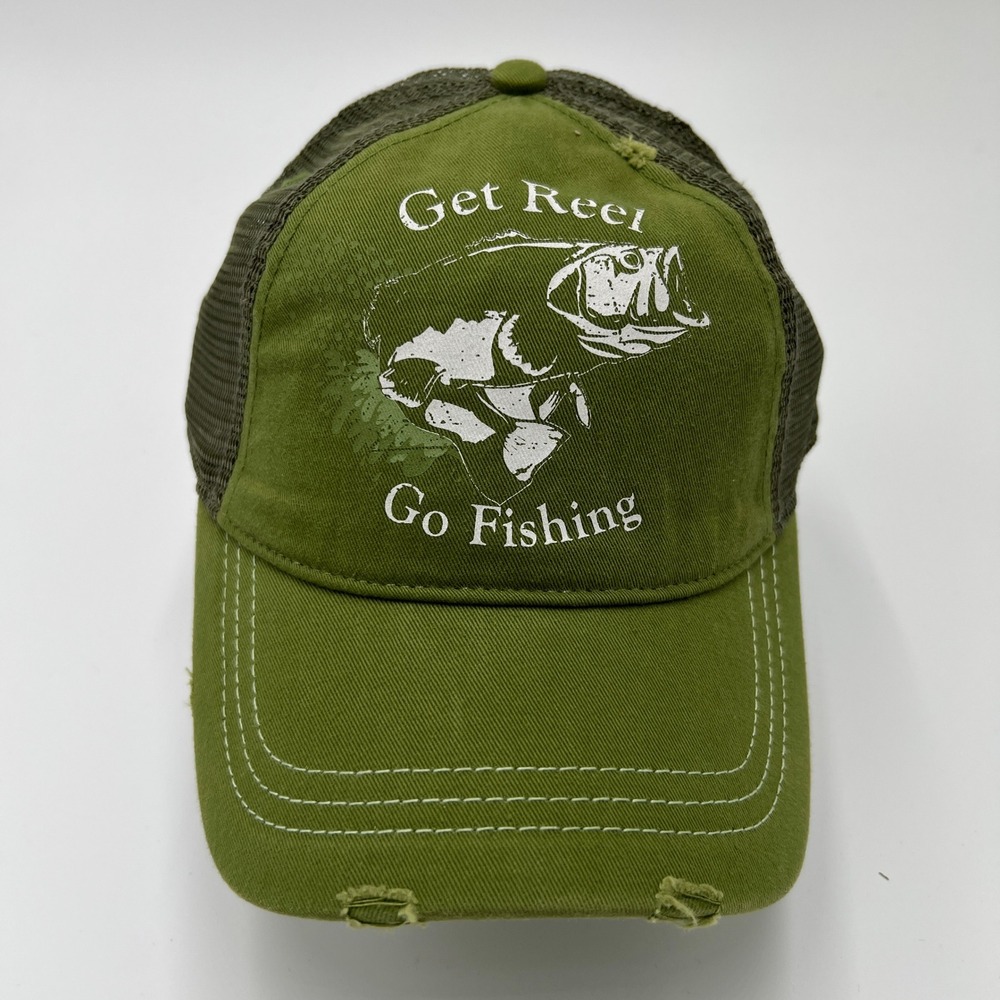 Get Reel Go Fishing Bass Distressed Trucker Hat Olive Green Mesh Snapback Cap
